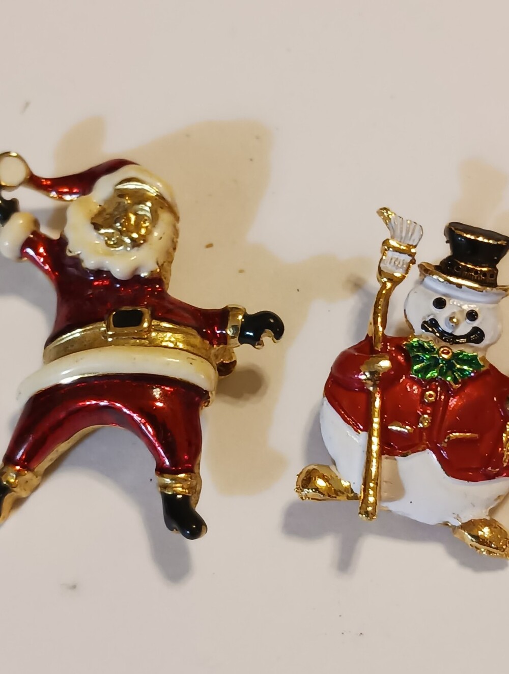 Vintage 1960s Sweater Pins, Enamel Santa And Snowman Christmas Brooches